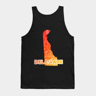 Colorful mandala art map of Delaware with text in red and orange Tank Top